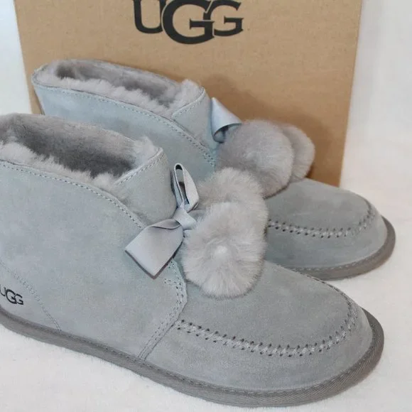 UGG KALLEN GRAY POM SUEDE SLIPPERS HOUSE‎ SHOES - Picture 2 of 8